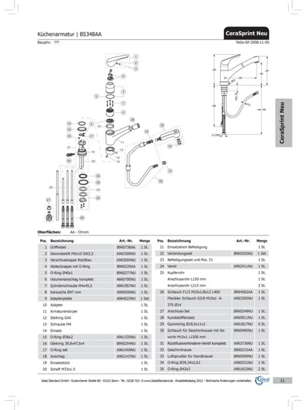 Explosionszeichnung und Teileliste für eine Küchenarmatur von Ideal Standard, Modell CeraSprint Neu, inklusive detaillierter Artikelnummern und Stückzahlen.